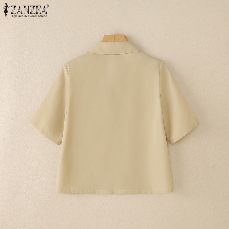 ZANZEA เสื้อเบลาส์แขนสั้น สไตล์เกาหลี แบบปกยืนสำหรับผู้หญิง เปิดด้านหน้า - รูปที่ 7