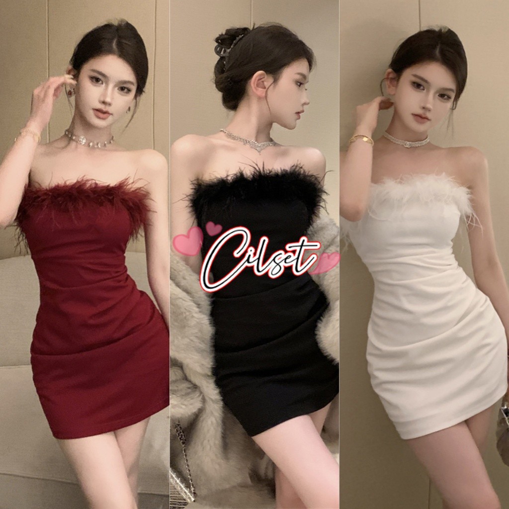 Cilset🛒พร้อมส่ง🎀ชุดมินิเดรส สีดำ ไม่มีฟองน้ำ ดีเทลแต่งขนมุงมิ้ง สง่างาม เดรสออกงาน สไตล์เกาหลี /FY2490