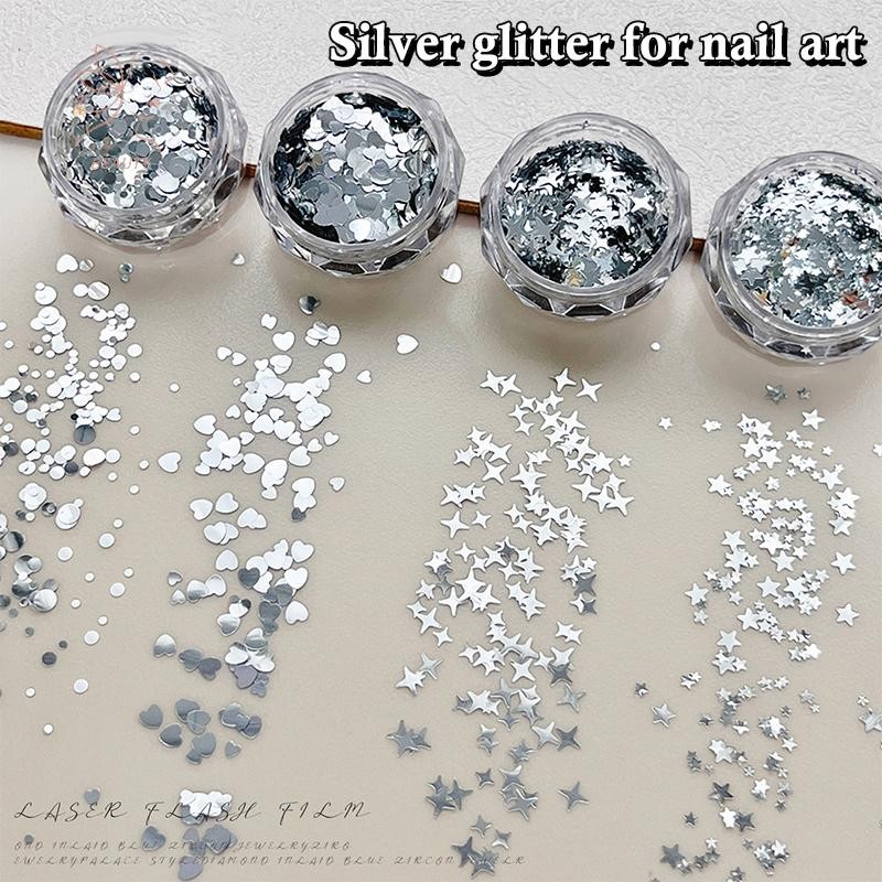 [maybeauty] 1 กล่อง 3D Round Heart Star Nail Art Charms เลื่อมเล็บ Flake Silvery Shiny Charms Accessories {TH}