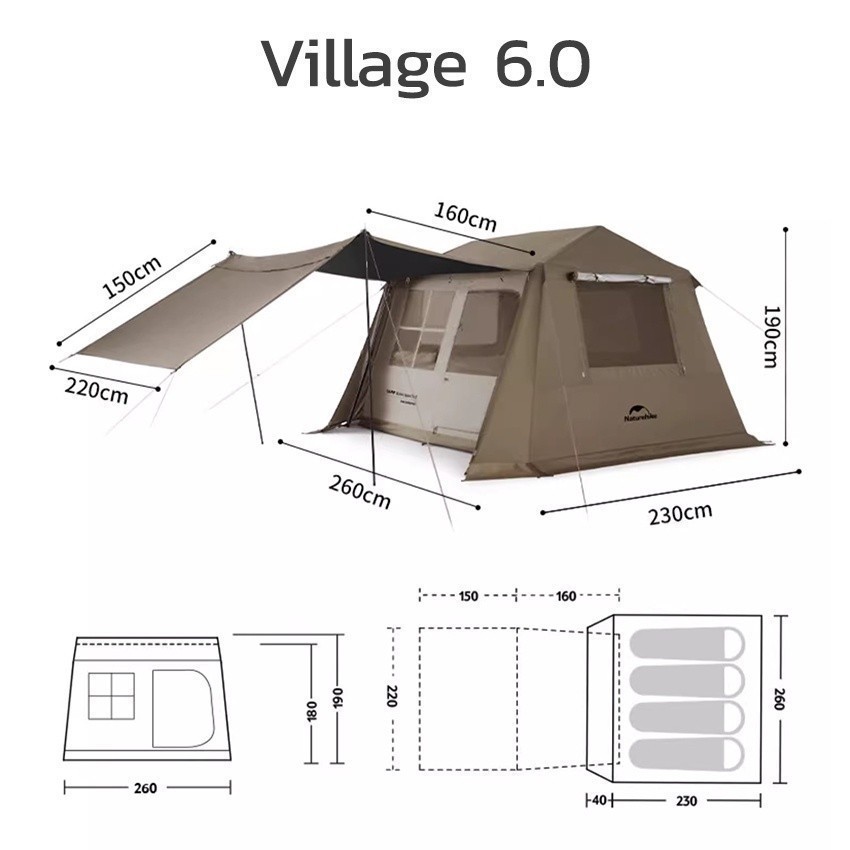 เต้นท์กึ่งอัตโนมัติ Naturehike Village 6.02 กางเก็บง่าย ห้อง Dark Room กันฝน 2000mm.