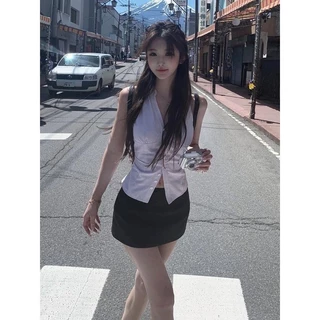 KITTY พร้อมส่ง🌸เสื้อเชิ้ตแขนกุด ชุด2ชั้น สไตล์ลําลอง ปกกระดุมหน้า โชว์ไหล่ เสื้อครอปทรงรัดรูป สําหรับผู้หญิง ลายริ้ว