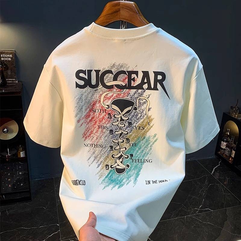 Fashion Brand Printed Short Sleeve T-shirt Men's Summer Loose Trendy in Cotton T-shirt Sweat-Absorbe