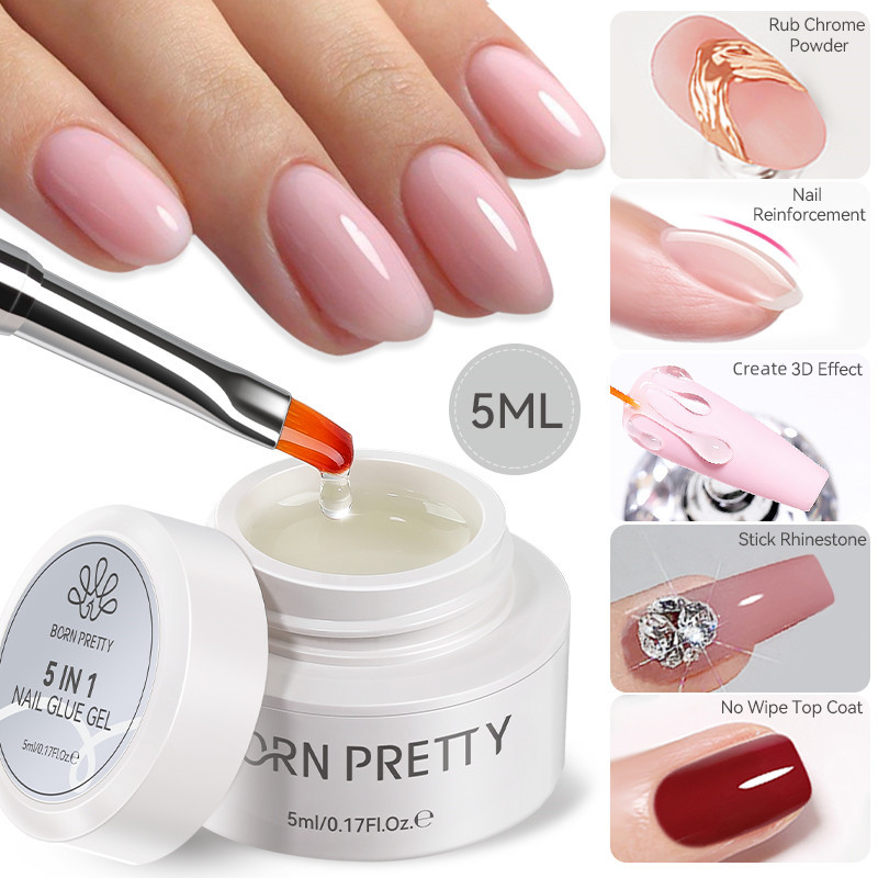 BORN PRETTY 5 IN 1 กาวเจลโปแลนด์ 3D ดอกไม้ออกแบบ Sculpturing Gel Stick Rhinestone เจล Rub Powder Reinforce เล็บ Top Coat 30g/5g