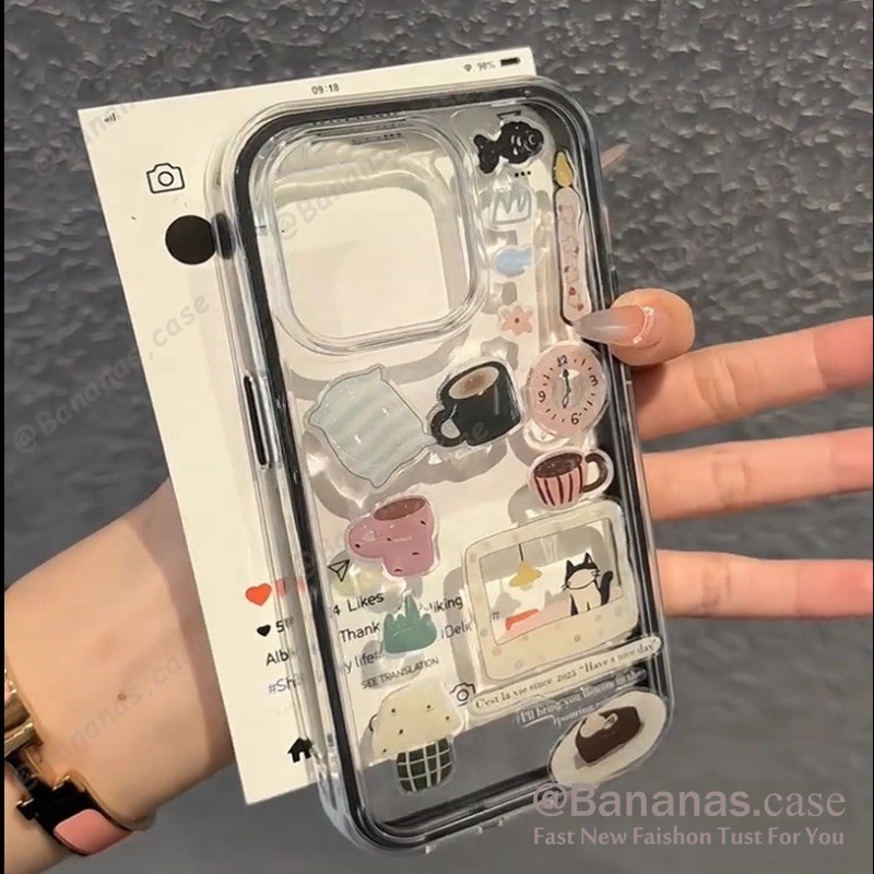 เข้ากันได้กับ iPhone 16 15 14 13 12 11 Pro Max เคสโทรศัพท์ 3D DIY สีดํา TV Cat สติกเกอร์ + Lanyard S