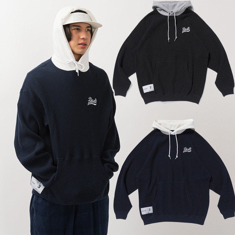 Japanese Street Wear Waffle Patchwork Hooded Sweatshirt Couple Wear 22ss