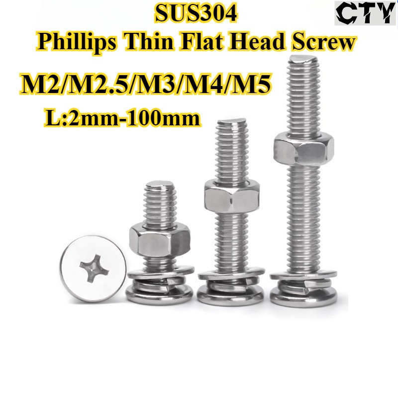[CTY-SZLS] SUS304, Phillips Thin Flat Head Screw+Washer+Hex Nut สี่ชิ้นผสม M2/M2.5/M3/M4/M5 Cross Fl