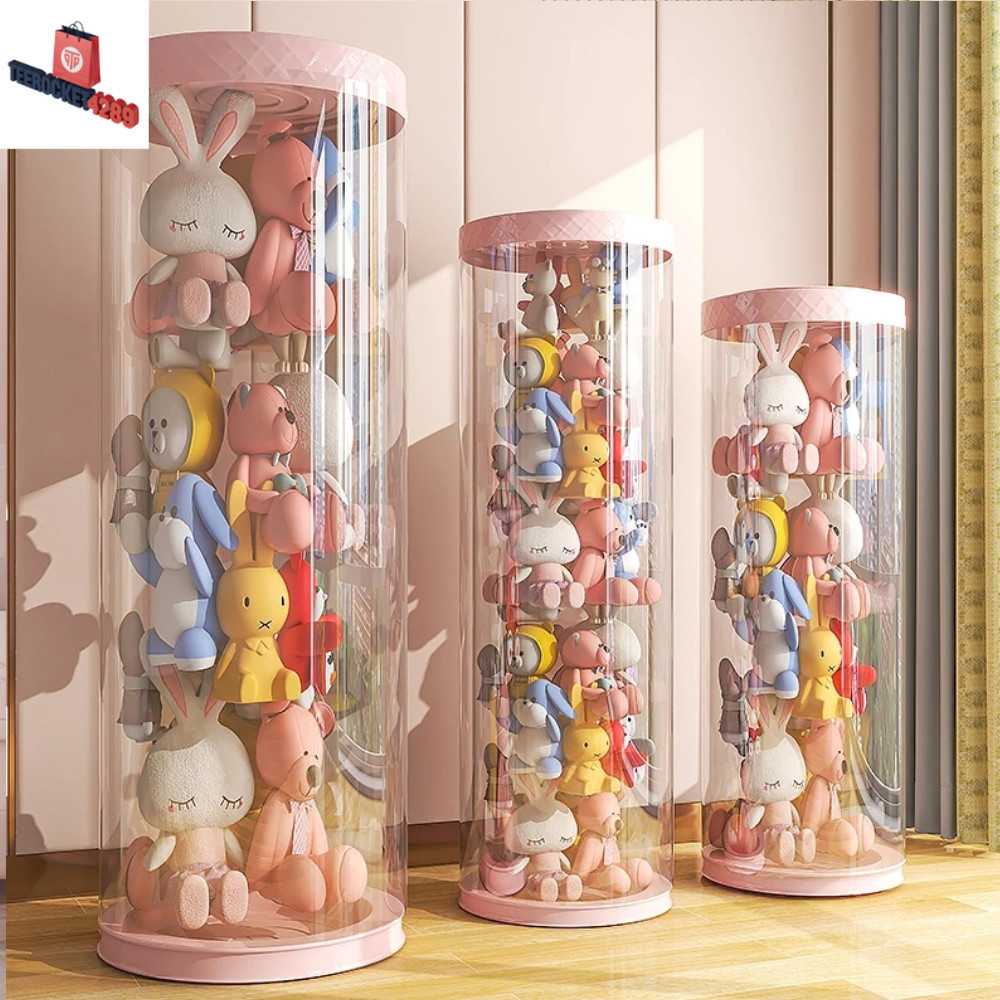 FYPRO ถังเก็บตุ๊กตา PVC ใส ทรงกระบอก หมุนได้ ถังโชว์ตุ๊กตา ขนาดใหญ่ ฝาสีชมพู ดีไซน์สวย