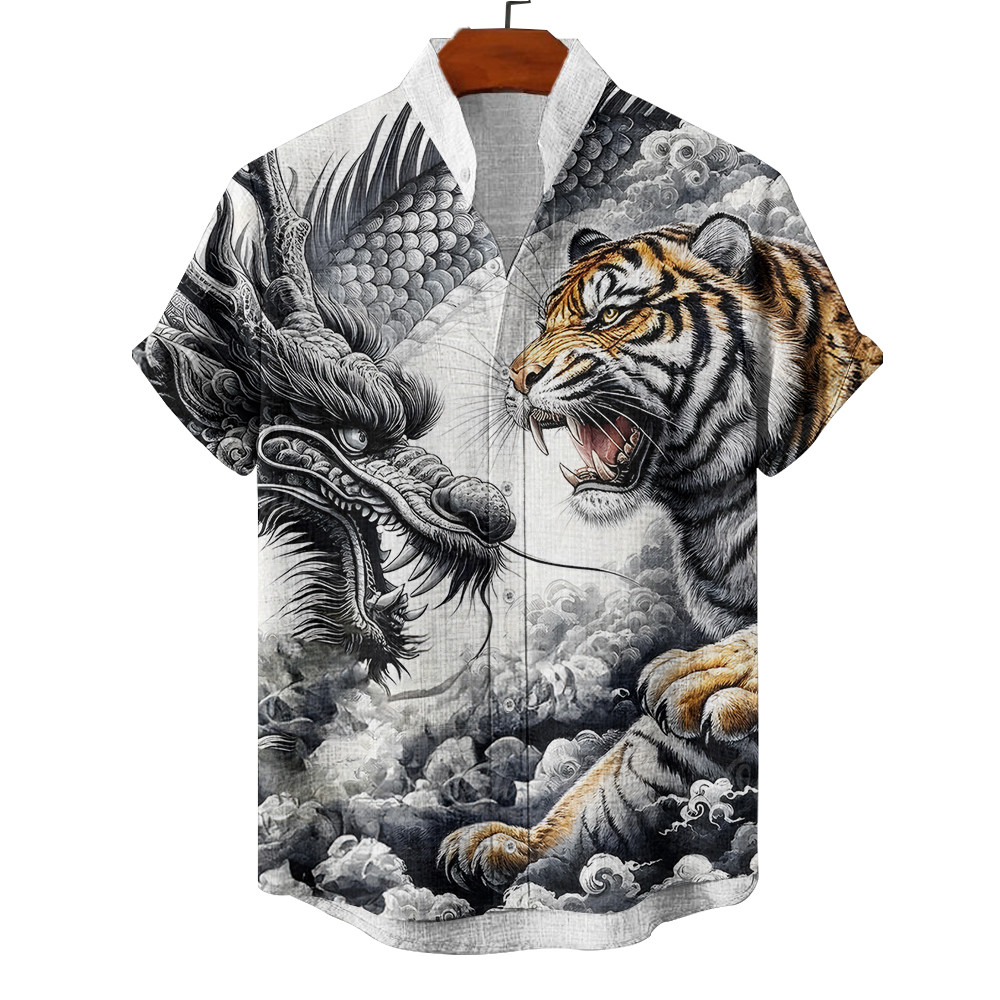 เสื้อเชิ้ตผู้ชายลายมังกรและเสือวินเทจ แขนสั้น แฟชั่นฤดูร้อน