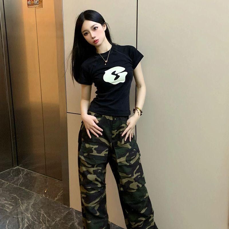 เสื้อยืดแขนสั้นสีดำ สำหรับผู้หญิง แฟชั่นฤดูร้อน เสื้อคอกลม