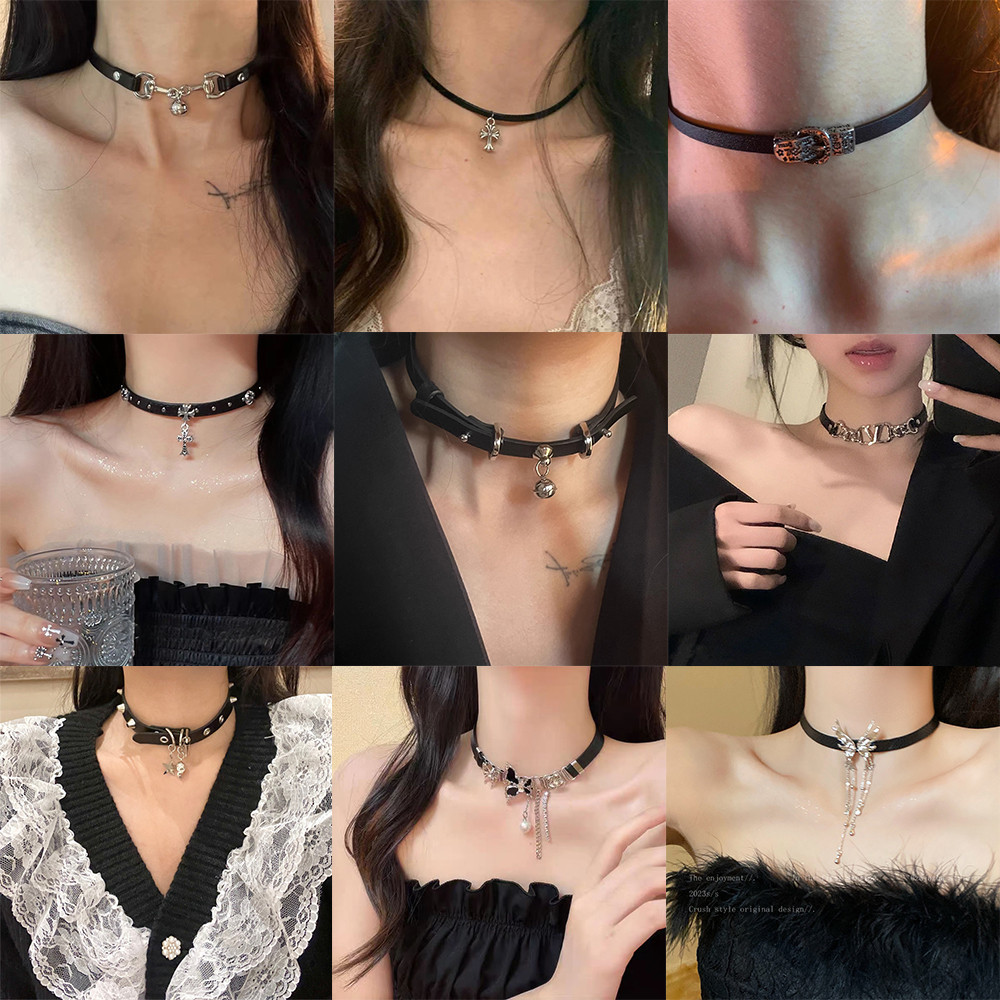 บุคลิกภาพหนังสีดําสร้อยคอเค้นคอสั้นสําหรับผู้หญิงผีเสื้อพู่ข้ามสร้อยคอเครื่องประดับ
