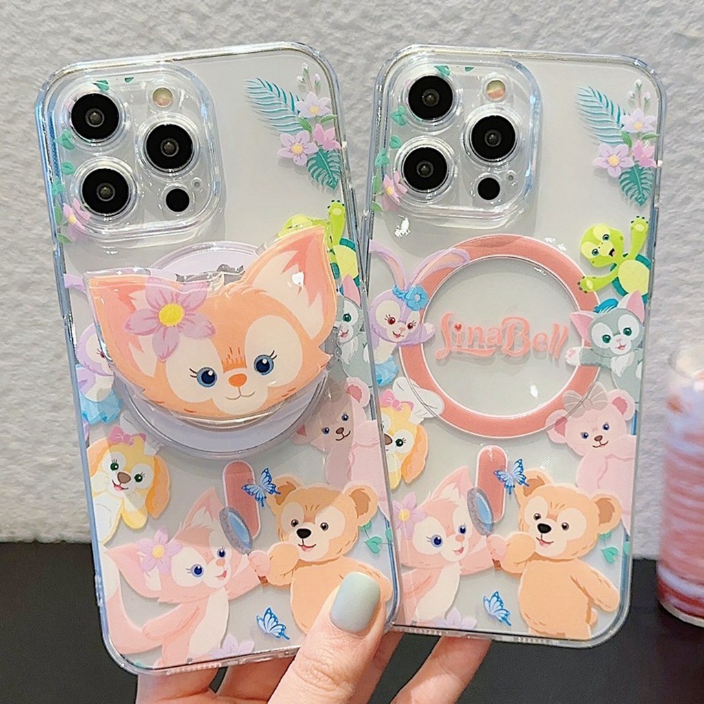 ปลอกสําหรับ iPhone 15 Pro Max 14 11 13 12Pro แม่เหล็กไร้สายชาร์จ Stand Holder Girly LinaBell Duffy หมีรูปแบบ TPU เคสป้องกัน Anti-scratch กันกระแทก Shell Cover