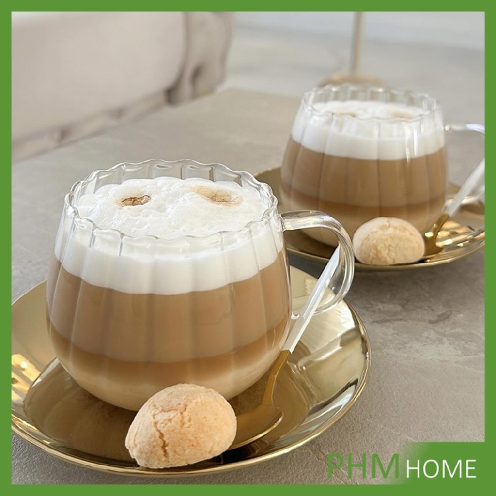 PHM แก้วกาแฟใส 350ml ไฮคลาส ถ้วยน้ำรูปฟักทอง ถ้วยเครื่องดื่ม ลายทางแนวตั้ง Coffee cup