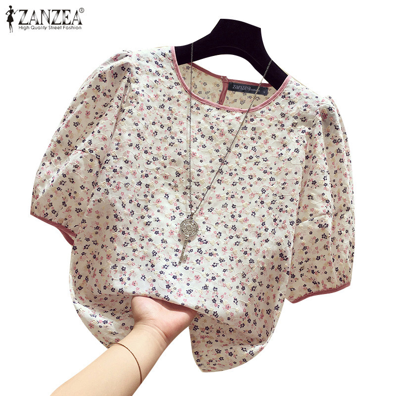 ZANZEA ซานเซีย ผู้หญิงเกาหลีสไตล์แห่งชาติแมนดารินคอปกแขนสั้นดอกไม้พิมพ์ปุ่มตกแต่งเสื้อ