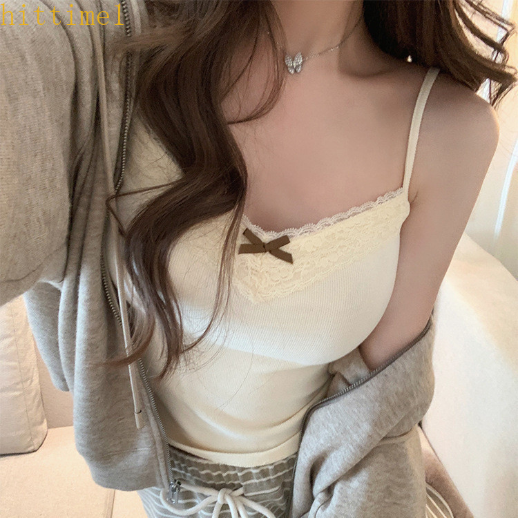 [clearance sale] เสื้อกั๊กยกทรงดีไซน์ลูกไม้สไตล์สาวร้อนพร้อมเบาะหน้าอก ตกแต่งโบว์สั้นสลิมฟิตเสื้อแขนกุด