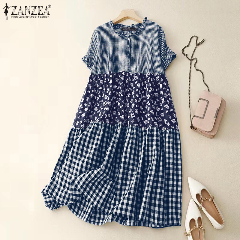 ZANZEA ซานเซีย ผู้หญิงเกาหลีลําลองรอบคอแขนสั้นชุดดอกไม้ลายสก๊อต — صورة 4