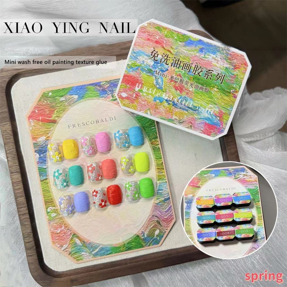 Xeijayi 9 กริด/1 เซ็ตมินิล้างฟรีภาพวาดสีน้ำมันเนื้อยาทาเล็บเจลโดปามีนเรืองแสง 3d แกะสลักส่องไฟกาวเล็บแต่งเล็บสำหรับร้านเล็บ (ฤดูใบไม้ผลิ)