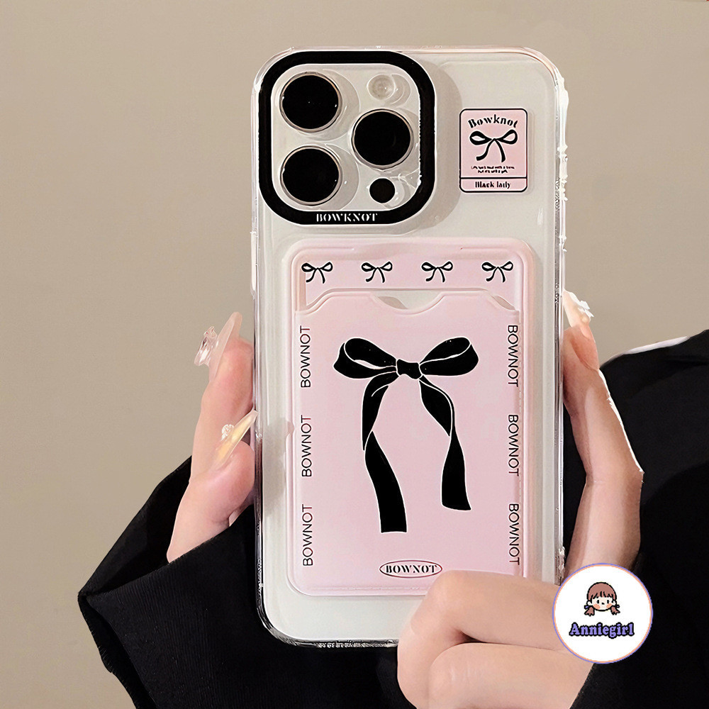 แฟชั่นสีดําโบว์ผู้ถือบัตรเคสโทรศัพท์ สําหรับ iphone 11 15 14 Pro Max 12 13 Promax 15plus XS XR 7 8 Plus เลนส์ป้องกันSoft TPUโทรศัพท์ปกหลัง