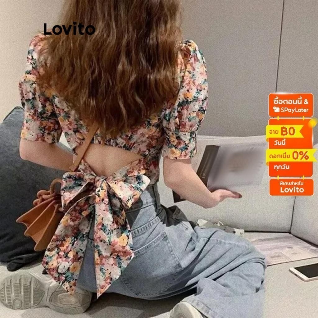 Lovito เสื้อเบลาส์ แขนสั้น คอกลม ผูกด้านหลัง ลายดอกไม้ สไตล์ลำลอง สำหรับผู้หญิง LNE05176 (สีชมพู)