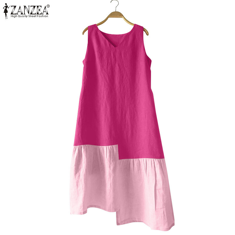 ZANZEA ซานเซีย ผู้หญิงเกาหลีแฟชั่นความคมชัดสีกลางความยาวรอบคอเย็บปะติดปะต่อกันแขนกุดชุด