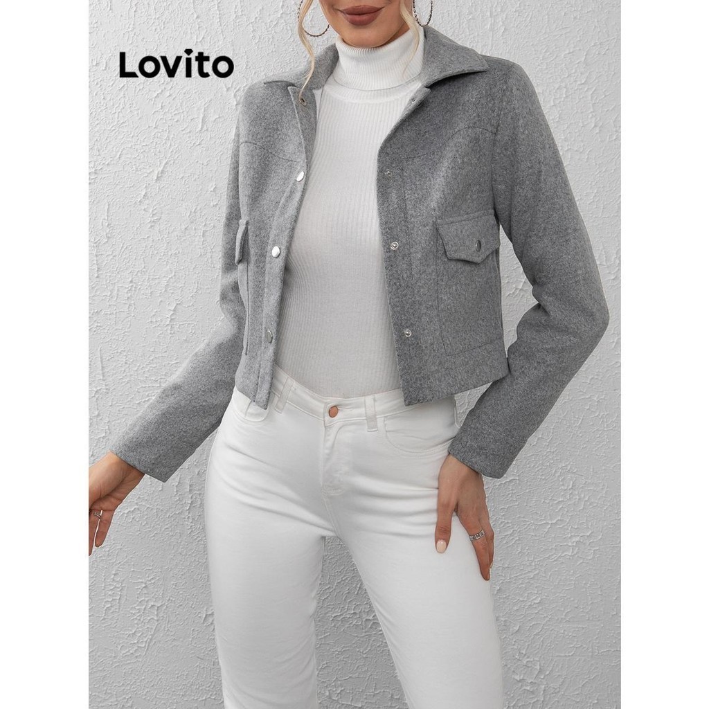 Lovito เสื้อแจ็คเก็ตผู้หญิง มีกระเป๋า สีพื้น สไตล์ลำลอง LNL61261