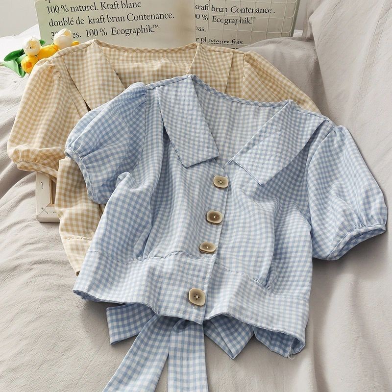 🍒Bee🍒ใหม่ลายสก๊อตเล็กเสื้อเกาหลีโบว์ฟองแขนสั้นด้านบนผู้หญิง 🍒(จัดส่ง 24 ชั่วโมง)🍒