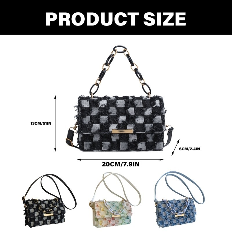 Sweetyvic Checkered กางเกงยีนส์ Flap กระเป๋าสะพายกระเป๋าถือโซ่ปรับสายรัด Denims Tassels กระเป๋าสะพายข้างสําหรับ