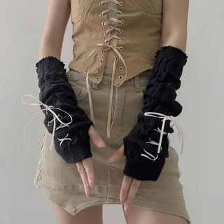 SWEE ถุงมือถัก, Fingerless False Sleeves Long Wrist Gloves, สไตล์ญี่ปุ่นสีดําสีขาวนิ้วมือแขนอุ่นข้อศอก Mittens สําหรับ Y2k Spice Girls