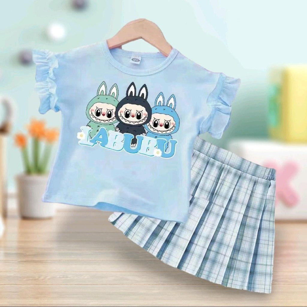 pingชุดเซ็ทเด็ก2ชิ้น เสื้อแขนระบาย+กระโปรงลายสก๊อตอัดพลีท