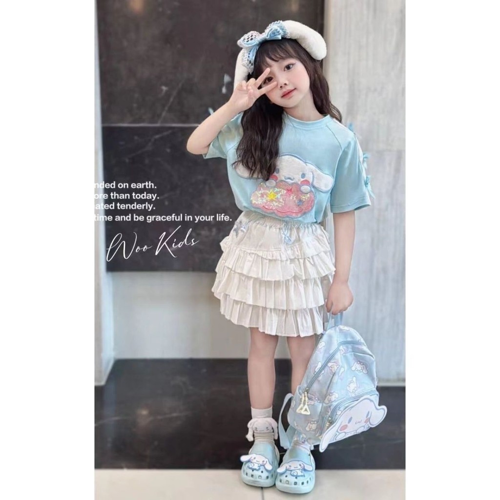 สาว สูท สาว สูท 2024 เสื้อยืดแขนสั้นสไตล์ใหม่กระโปรงเค้กสไตล์เจ้าหญิงสดชุดสองชิ้นสไตล์อินเทรนด์เด็กเสื้อผ้าหญิง