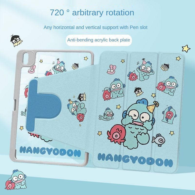 SANRIO อะคริลิคพับและหมุนได้สําหรับipad Gen9/Gen7/Gen8 10.2 Air4/5 10.9 10.5 Air3/Pro 11 2021 Mini4/5/6 ป้องกันกรณีผู้ถือปากกาSanrio HANGYODONรูปแบบ