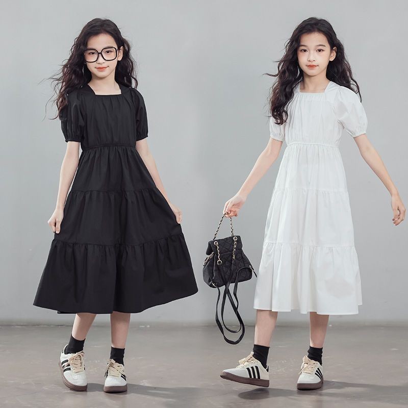 ชุดเดรสเด็กผู้หญิงสีล้วนมีอารมณ์ชุดเดรสเจ้าหญิงสำหรับเด็กโตแบบใหม่ฤดูร้อนชุดเดรสยาวแขนพองสำหรับเด็ก