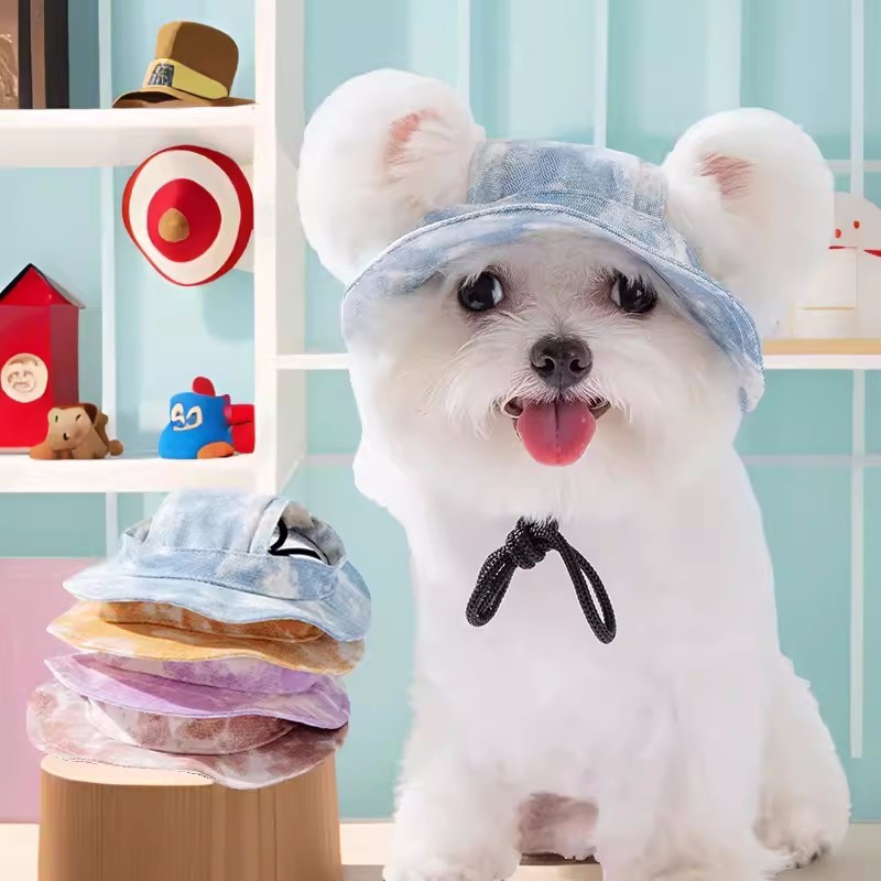 Tie Dye Dog Hat สำหรับ Shih Tzu พร้อมรูหูผ้าใบ PET Fisherman CAP Cat Sun Hat
