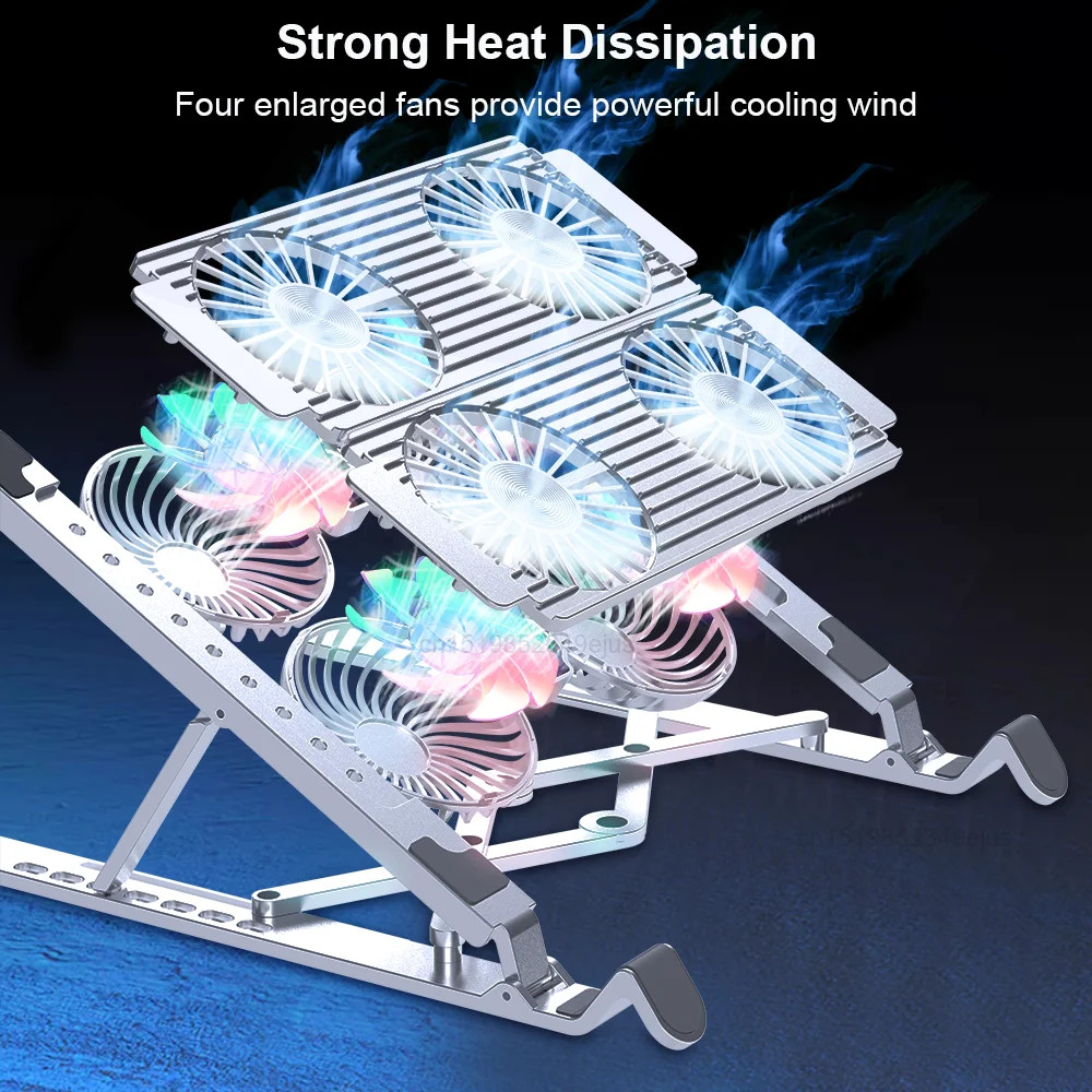 หม้อน้ำแล็ปท็อป RGB 11-17.3 Inch Laptop Cooling Fan อัลลอยด์แบบพับได้ปรับได้ หม้อน้ำแล็ปท็อปแบบพับได้และที่วาง