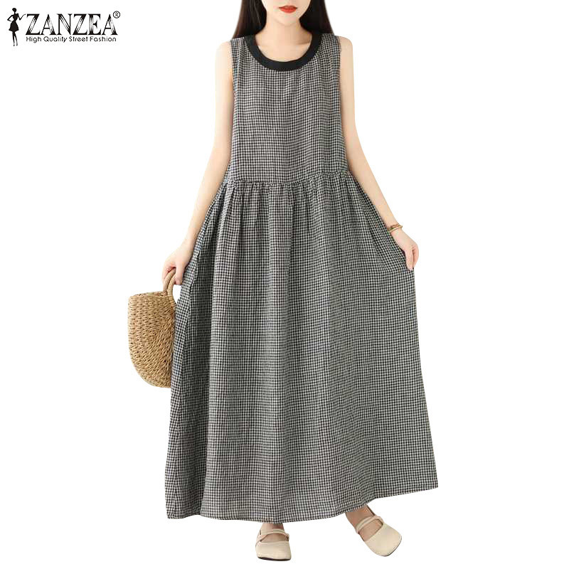 ZANZEA ซานเซีย ผู้หญิงเกาหลีลําลองลายสก๊อตรอบคอแขนกุดเอวแยกจีบกระเป๋าชุด