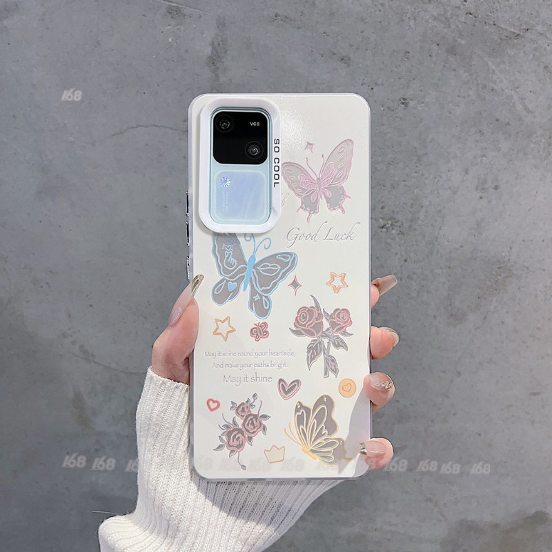 เคส Vivo V30 V29 V30E 5G เคส Vivo V30 Pro เคสน่ารักผีเสื้อกุหลาบดอกไม้ด้านแข็งกันกระแทกหรูหราชุบปุ่มโทรศัพท์สําหรับผู้หญิงสาวนักเรียน
