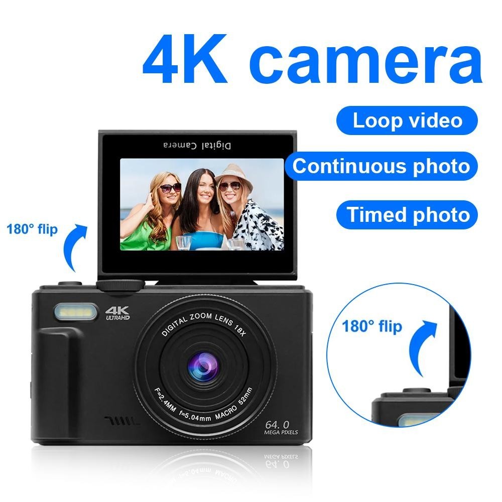 กล้องถ่ายภาพดิจิตอล 4K 18X Digital Zoom Vintage Vlog 64MP 180° กล้องพลิกหน้าจอสําหรับการถ่ายภาพเริ่มต้น
