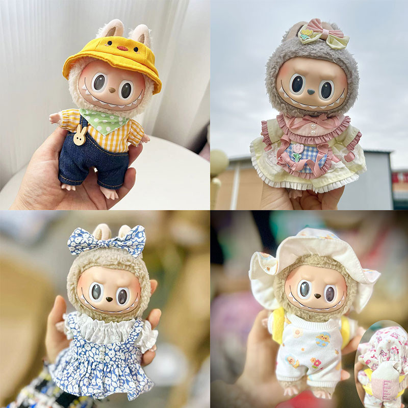 Macaron ชุด Labubu V1V2 ขนาด 17 ซม. ชุดตุ๊กตา พร้อมเครื่องประดับผม