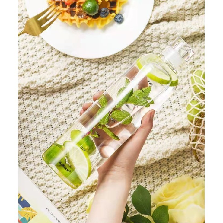 ขวดน้ำแก้ว สีใส ขนาด 500 ml ขวดแก้ว + ฝา แบบพกพา สะดวก มีขีดแบ่งเวลา ขวดน้ำดื่ม