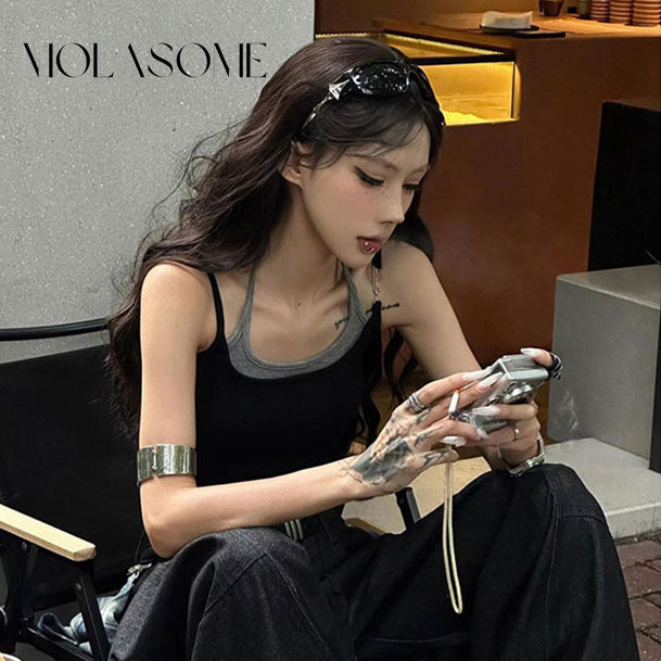Molasome ผู้หญิง 2024 ใหม่แฟชั่น Contrast สี Halter คอแขนกุด Slim Fit ปลอมสองชิ้นเสื้อกล้าม