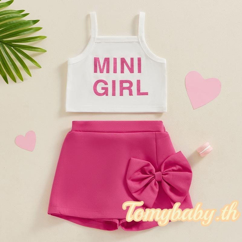 Tomybaby-kids Girls Summer Set Letter Print Cami Tops + Bow Skirt Shorts 2 ชิ้นเครื่องแต่งกาย