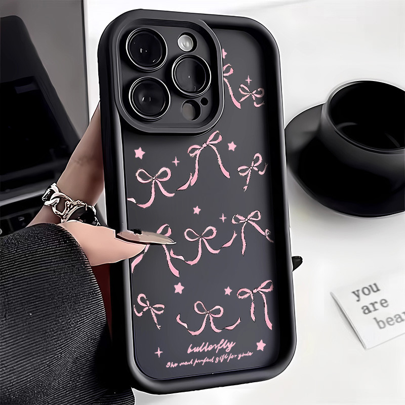 สีชมพู Bowknot Soft เคสโทรศัพท์สําหรับ IPhone 11 12 13 15 14 Pro XS Max X XR 8 Plus 7 ปลอกป้องกันกล้องกันกระแทก TPU Cover