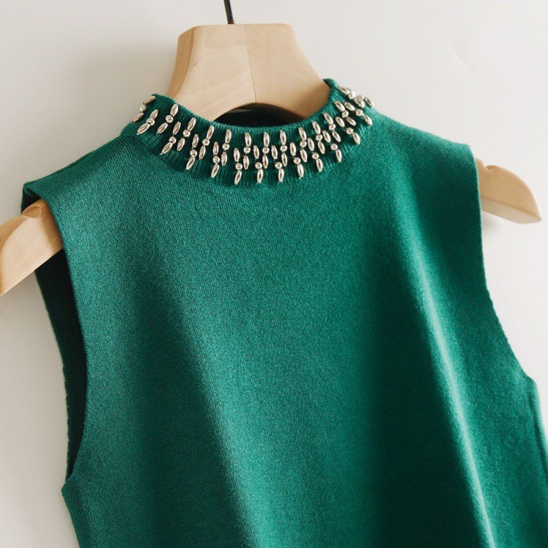 ใหม่ Retro โรแมนติก Pure Handmade ลูกปัดเสื้อกั๊กผู้หญิงครึ่งคอสูง Classy แขนกุด Slimmer ดูเสื้อถัก