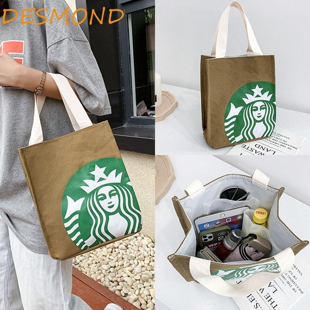กระเป๋าถือผ้าใบ เดสัน กระเป๋ามัมมี่พิมพ์กระเป๋าผ้าใบสตาร์บัคส์,ลําลองสไตล์เกาหลีถุงอาหารกลางวันกระเป๋ากาแฟกระเป๋าถังถุงเก็บ