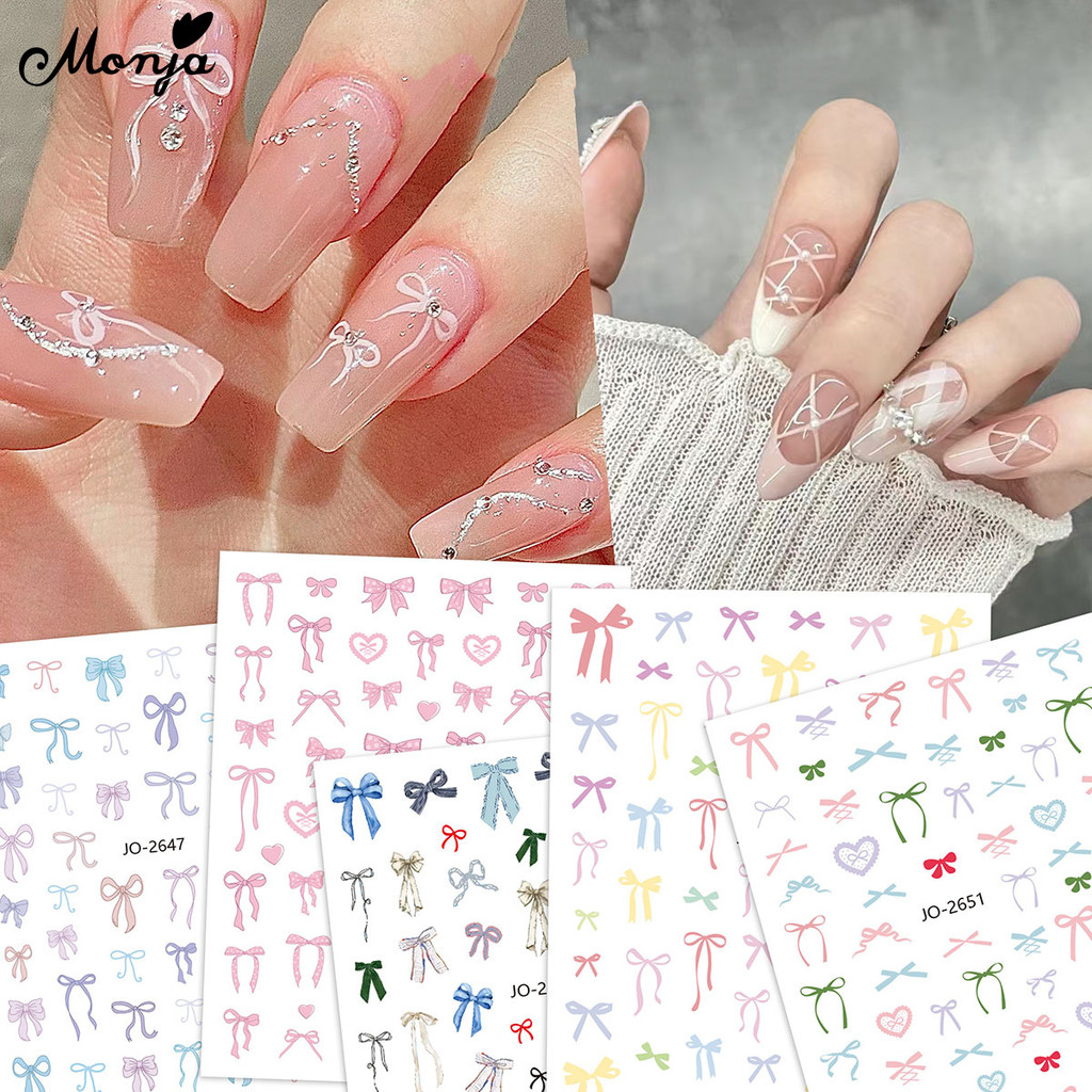 Monja สีขาวริบบิ้นโบว์เล็บสติกเกอร์ 3d เล็บออกแบบตกแต่ง Decals ริบบิ้นโบว์ Diy สติกเกอร์เล็บ sticker