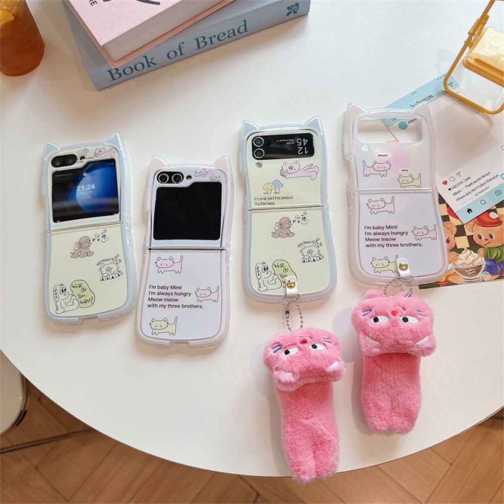 กันกระแทกน่ารักการ์ตูนออกแบบปลอก Zflip3 Flip4 Flip5 Flip6 Cat สําหรับ Samsung Galaxy Z Flip 6 5 4 3 เคสโทรศัพท์เชือกเส้นเล็ก