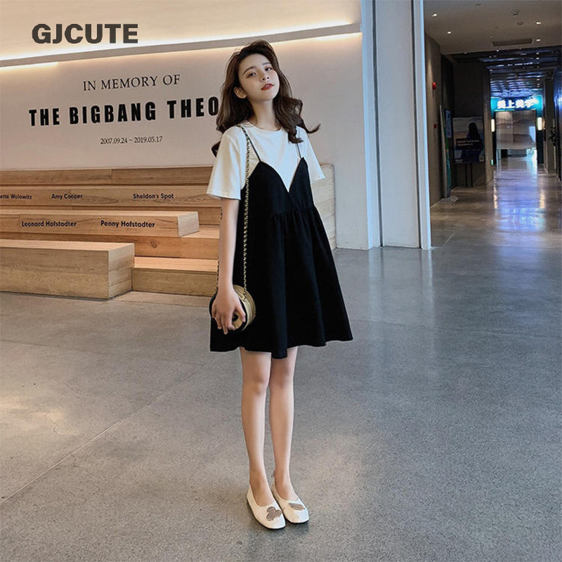 Gjcute ชุดคลุมท้องฤดูร้อนชุดยกทรงการตั้งครรภ์สีทึบหลวม Over-the-knee A กระโปรงผู้หญิงเสื้อผ้าลําลอง WTD