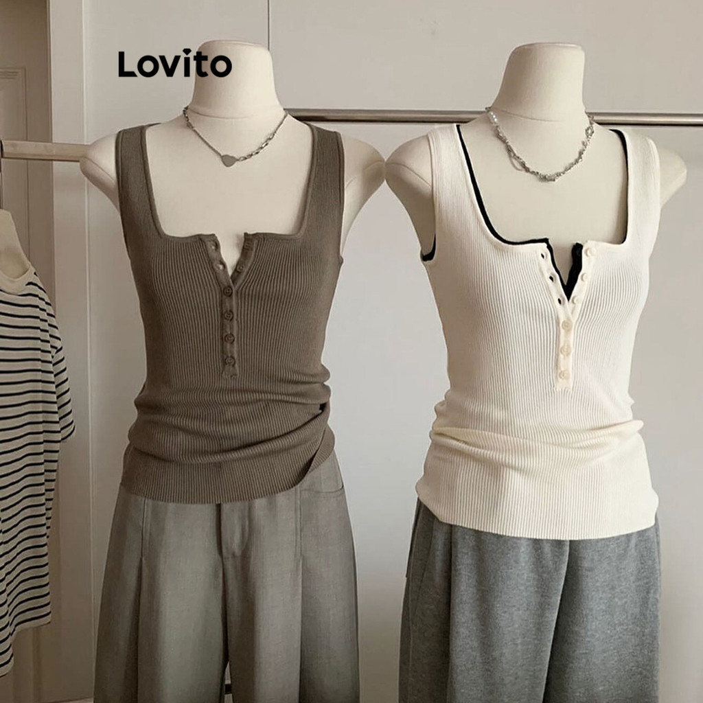 Lovito เสื้อเบลาส์ผู้หญิง แต่งกระดุม สีพื้น สไตล์ลำลอง L89ED206