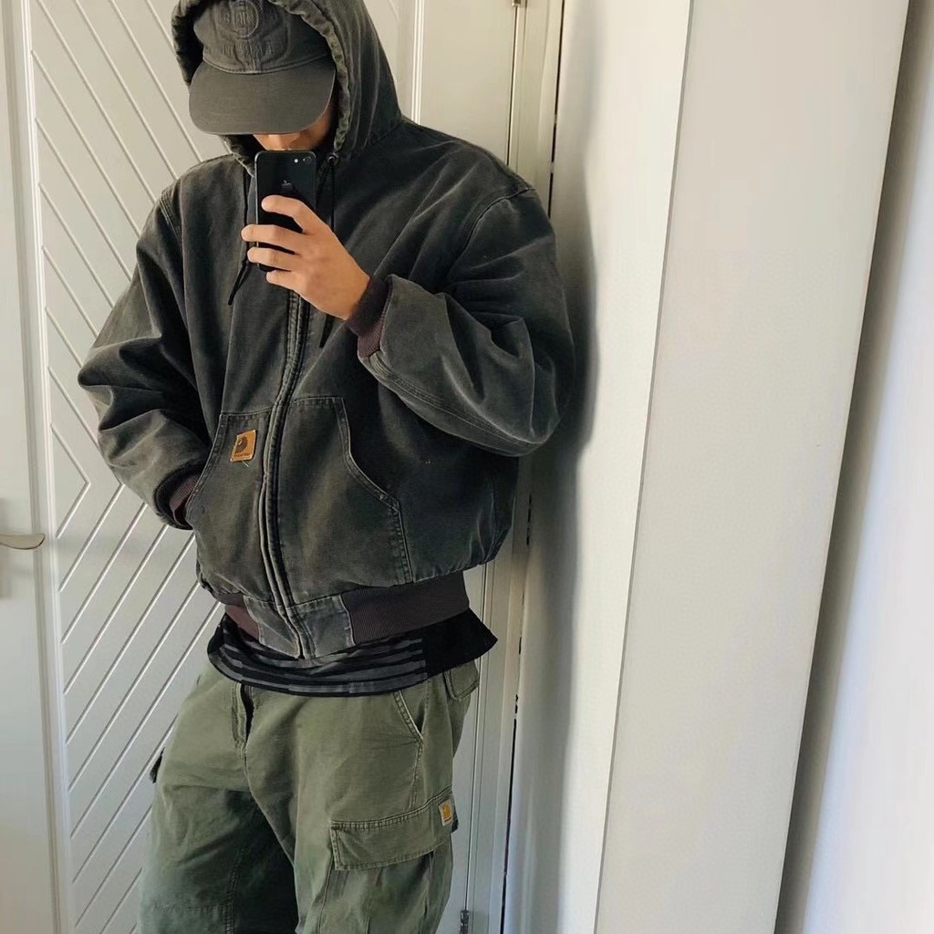 DAPC CARHARTT J130Leather Tag Heavy Industry Washed Canvas Fleece-lined Thick Hooded Jacket Overalls Cotton-Padded Coat Kaji