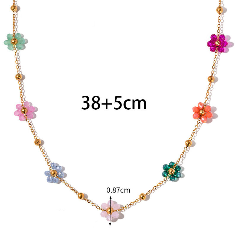 Ht Retro สีสันคริสตัลดอกไม้ลูกปัดสร้อยคอเหล็กไทเทเนียม Dopamine สาวดอกไม้ขนาดเล็ก choker ฤดูร้อนสแตนเลส Clavicle Chain