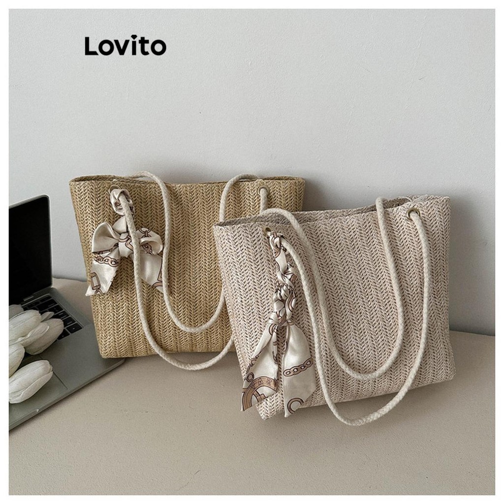Lovito ริบบิ้นธรรมดามีสไตล์ความจุขนาดใหญ่กระเป๋าสะพายน้ำหนักเบาสำหรับผู้หญิง LFA45478